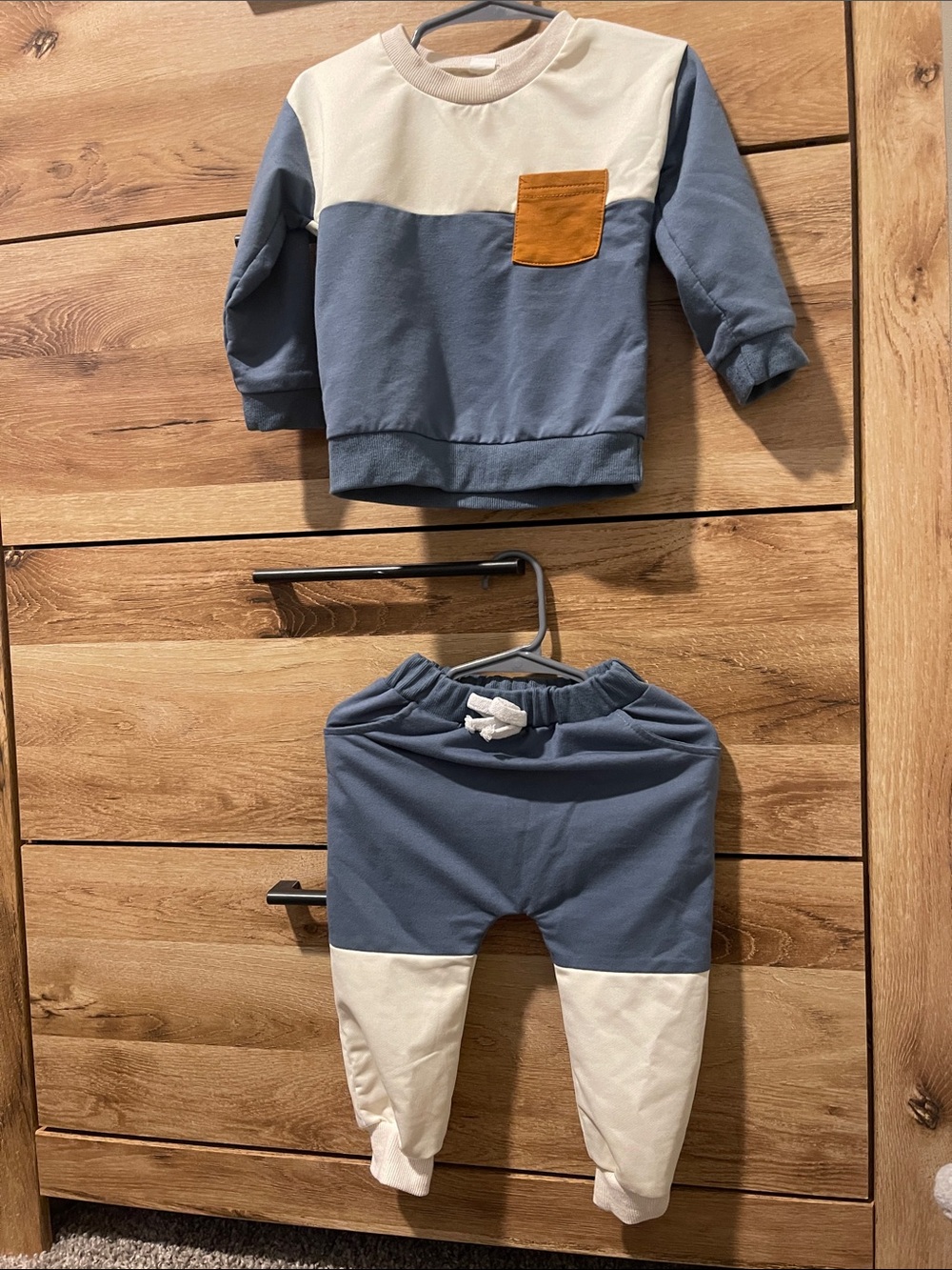 Kids Colorblock Jogger Set - Blue & Cream with Mustard Pocket